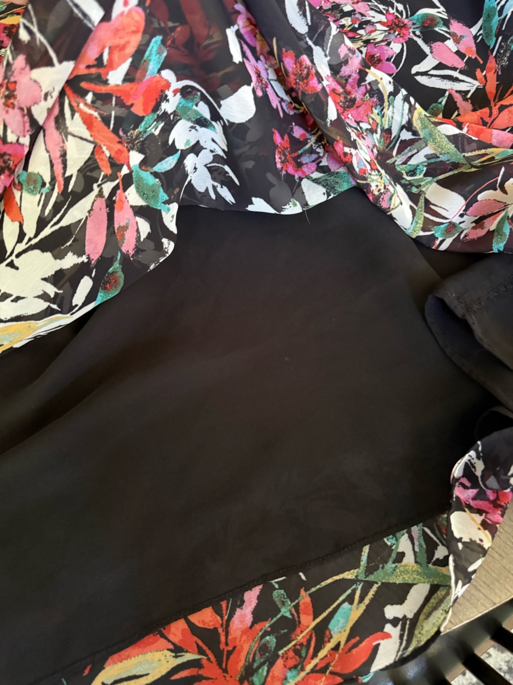 Black Floral Smocked Chiffon Tiered Boho Maxi Dress Ruffle Size Large - Picture 15 of 15